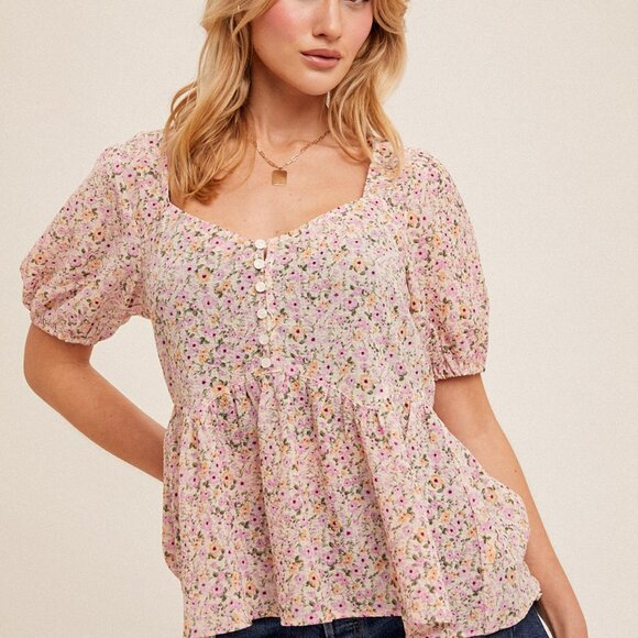 HEM & THREAD Pink Floral Button Front Peplum Blouse, Short Puff Sleeve Top - Picture 3 of 5